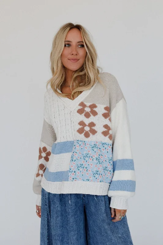 pullover sweater aqua -Feeling For Flowers Contrast Sweater - Cream Multi