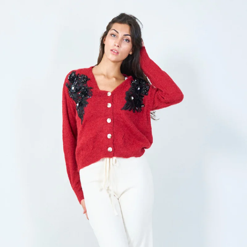 cardigan warm texture -Floral applique knit cardigan wholesale