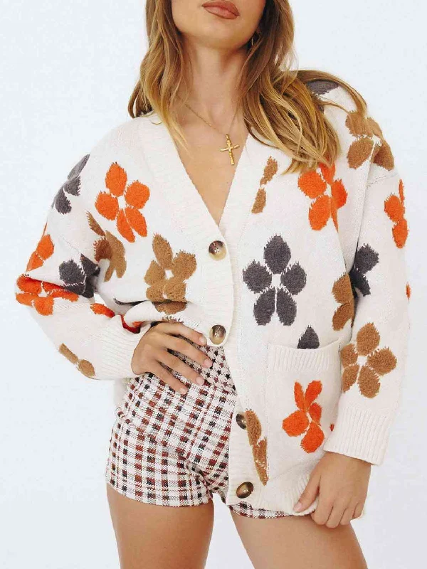 cardigan thick fabric -Floral V-Neck Button Up Long Sleeve Cardigan