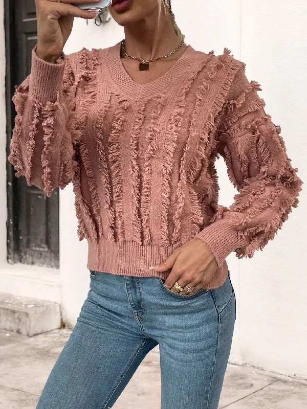 pullover sweater for mild -Frill Trim V-Neck Sweater