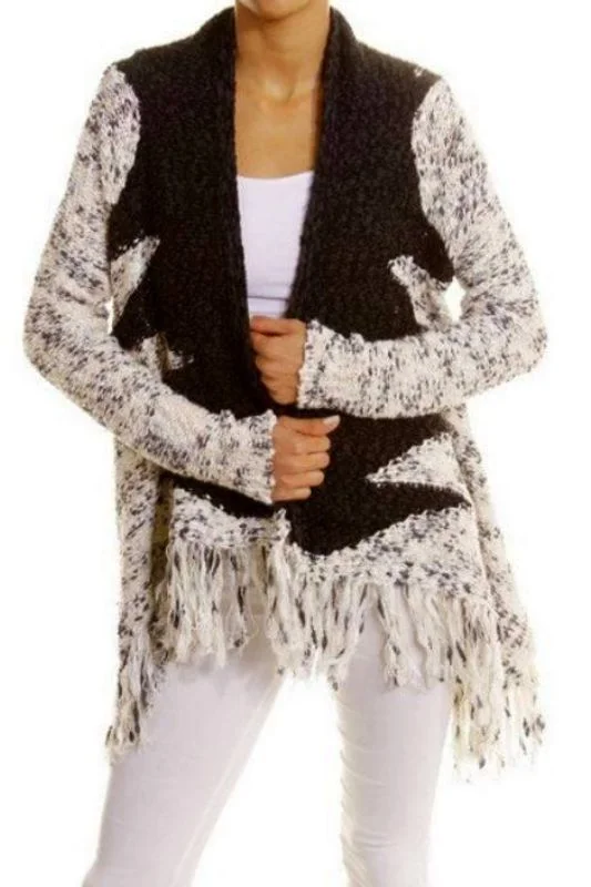 cardigan cozy yarn -Wishlist Western Fringe Cardigan Sweater - Cream Black