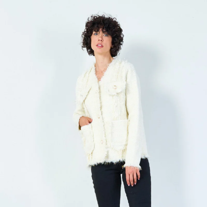 cardigan soft blend -Fringed V-neck cardigan with pearl buttons wholesale