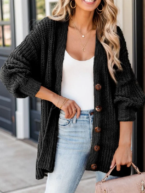 cardigan charcoal grey -Button-Up V-Neck Long Sleeve Cardigan