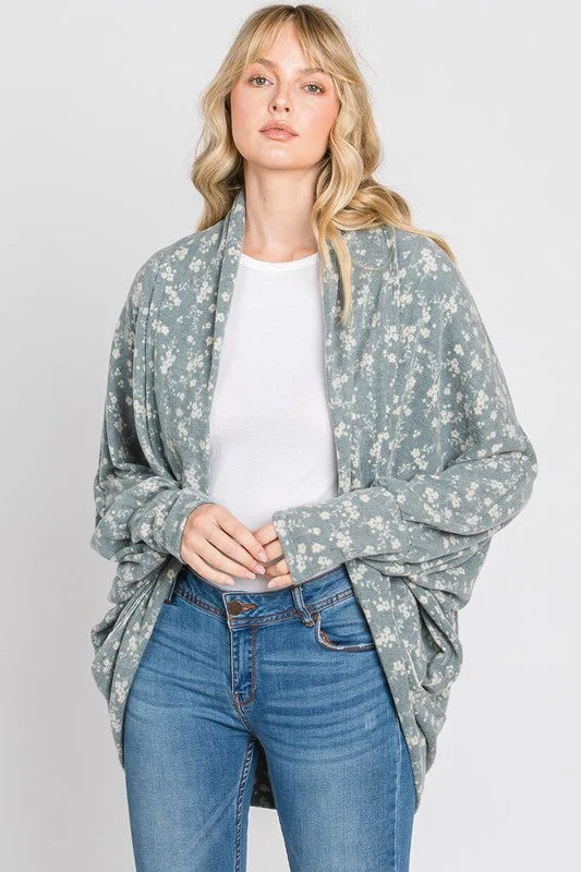 cardigan soft blue -Gee Gee Floral Print Batwing Cardigan - Dusty Blue