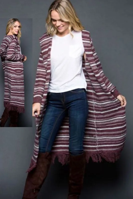 cardigan with edge -Gee Gee Striped Hoodie Long Cardigan - Burgundy