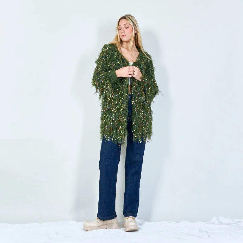 cardigan for gatherings -Glamorous sequin shaggy longsleeve cardigan wholesale