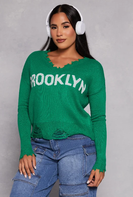 pullover sweater breathable -Brooklyn Graphic Distressed V Neck Sweater