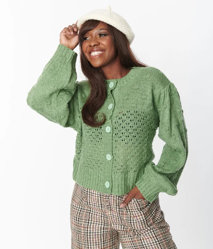 cardigan plus size -Green Eyelet Pom Pom Puff Sleeve Cardigan