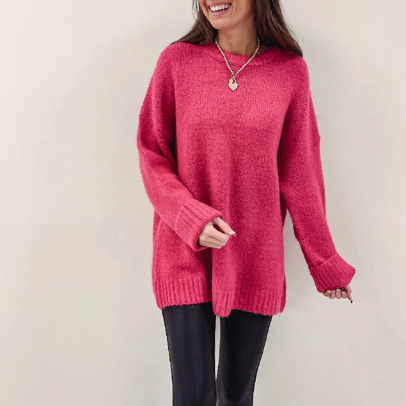 pullover sweater thick yarn -Harper Hot Pink Sweater