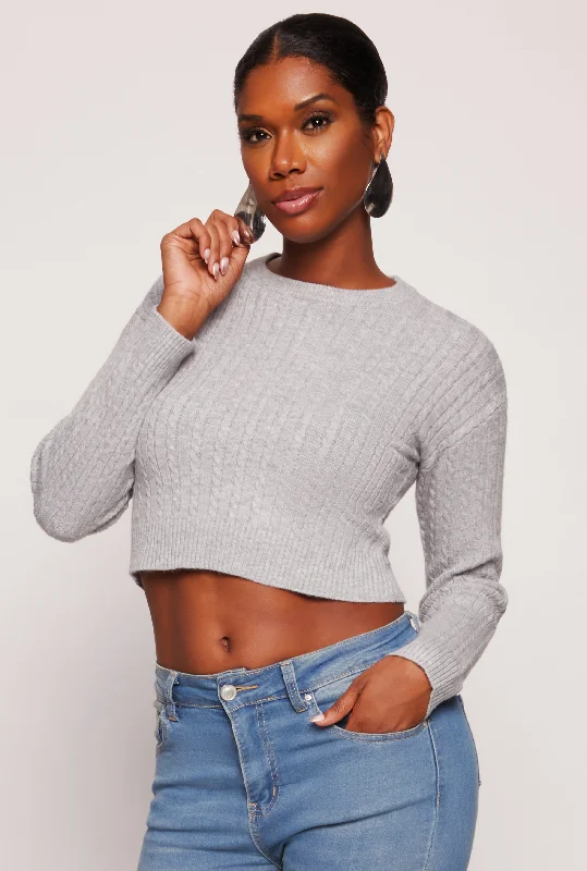 pullover sweater mint -Cable Knit Crew Neck Cropped Sweater