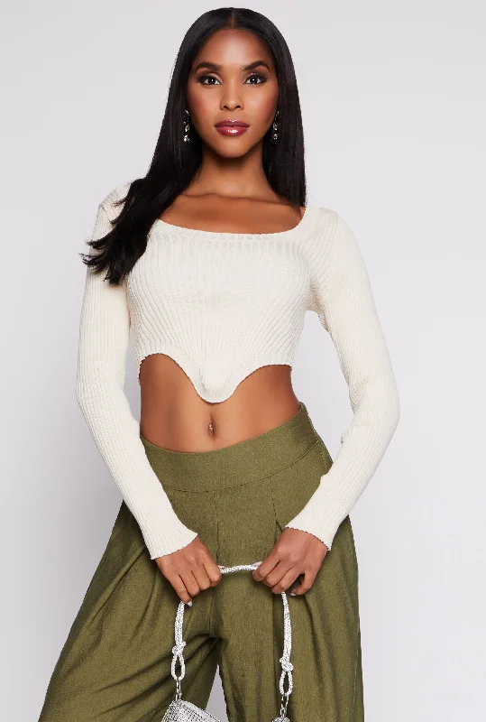 pullover sweater steel -Ribbed Scoop Neck Hanky Hem Sweater