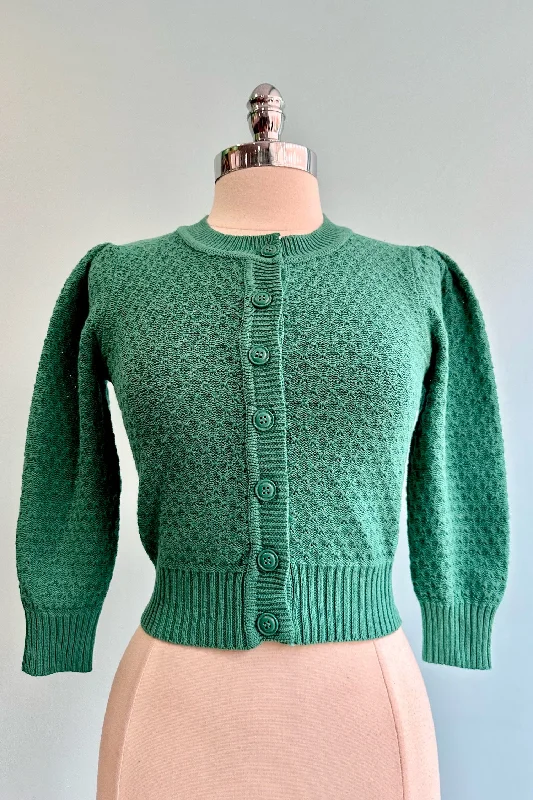 cardigan plush texture -Kelly Green Puff Sleeve Cropped Cardigan