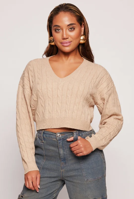 pullover sweater khaki -Cable Knit V Neck Cropped Sweater