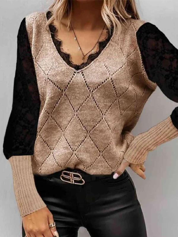 pullover sweater for cool -Lace Decor V Neck Two Tone Sweater