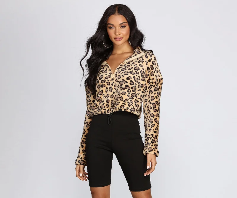 pullover sweater for trips -Leopard Print Zip Up Pullover