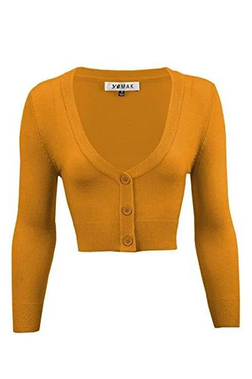 cardigan with beads -MAK Sweaters Cropped Cardigan with 3/4 Sleeves in Bronze (Mustard)