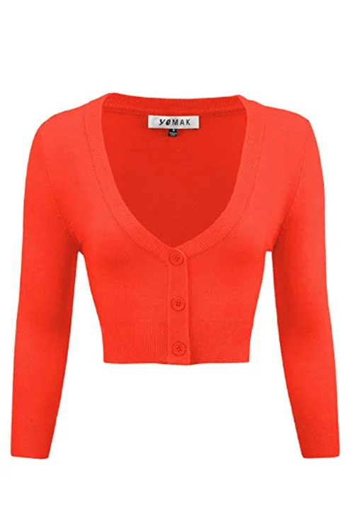 cardigan plum purple -MAK Sweaters Cropped Cardigan with 3/4 Sleeves in Fiesta Orange