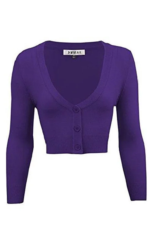 cardigan for cozy evenings -MAK Sweaters Cropped Cardigan with 3/4 Sleeves in Grape