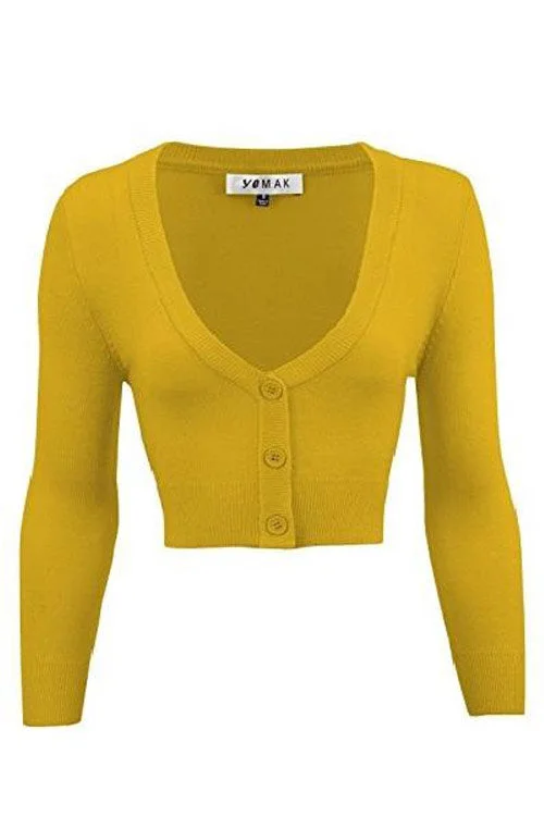 cardigan sage green -MAK Sweaters Cropped Cardigan with 3/4 Sleeves in Honey Yellow