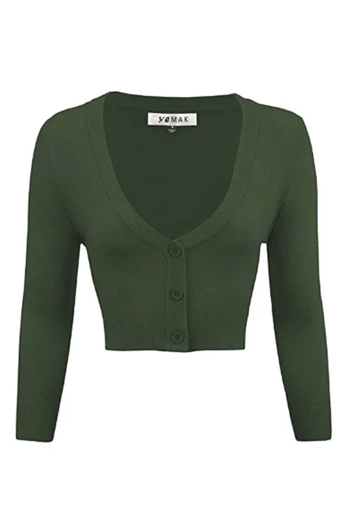 cardigan for casual events -MAK Sweaters Cropped Cardigan with 3/4 Sleeves in Hunter Green