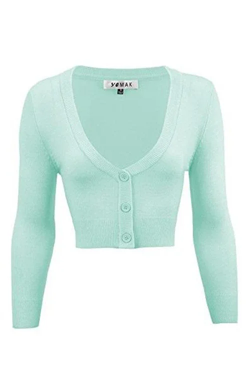 cardigan thick wool -MAK Sweaters Cropped Cardigan with 3/4 Sleeves in Ice Blue