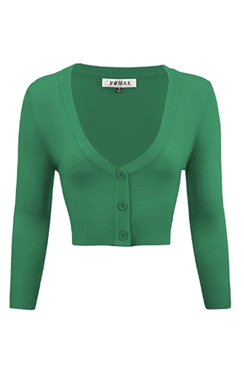 cardigan for special occasions -MAK Sweaters Cropped Cardigan with 3/4 Sleeves in Kelly Green