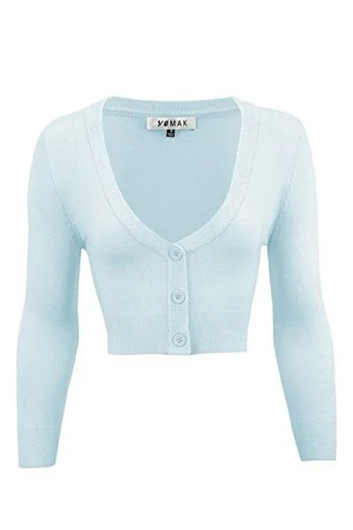 cardigan with cuffs -MAK Sweaters Cropped Cardigan with 3/4 Sleeves in Light Blue