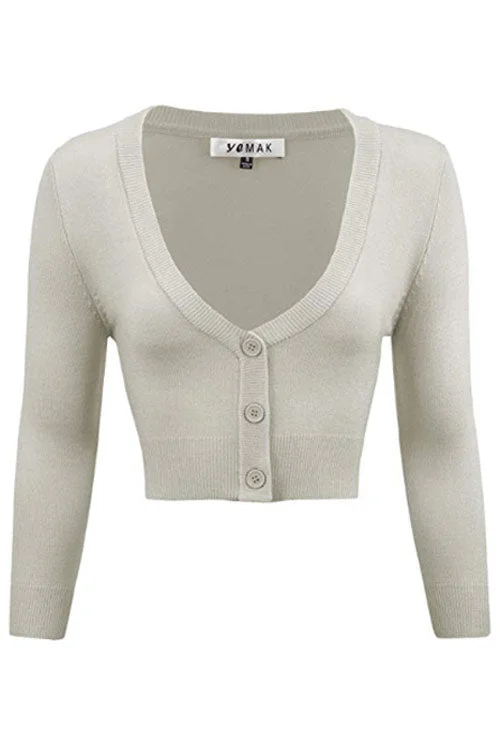 cardigan airy fabric -MAK Sweaters Cropped Cardigan with 3/4 Sleeves in Light Grey