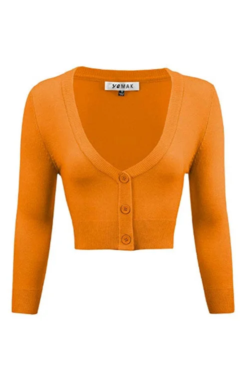 cardigan for weddings -MAK Sweaters Cropped Cardigan with 3/4 Sleeves in Light Orange