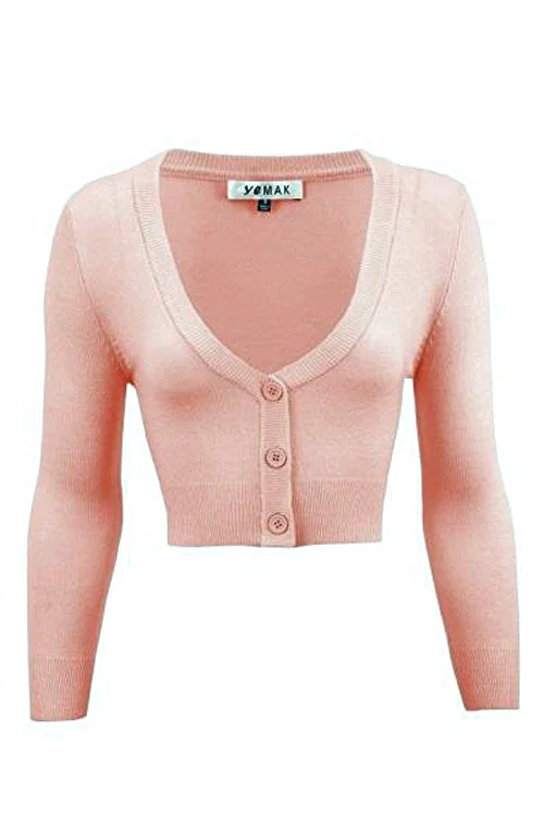 cardigan for relaxation -MAK Sweaters Cropped Cardigan with 3/4 Sleeves in Peach Beige