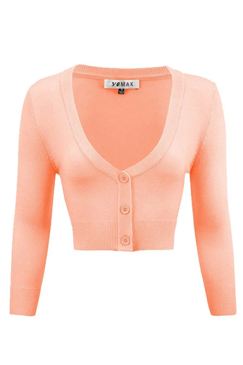 cardigan for parties -MAK Sweaters Cropped Cardigan with 3/4 Sleeves in Peach