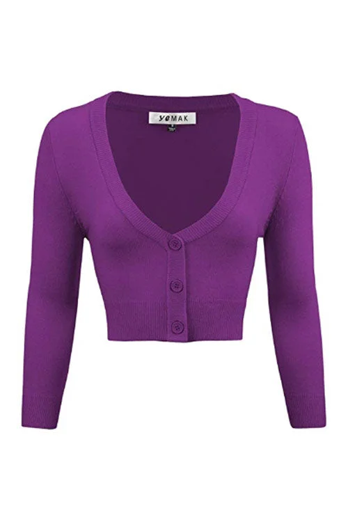 cardigan for gatherings -MAK Sweaters Cropped Cardigan with 3/4 Sleeves in Purple