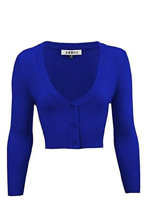 cardigan periwinkle blue -MAK Sweaters Cropped Cardigan with 3/4 Sleeves in Royal Blue