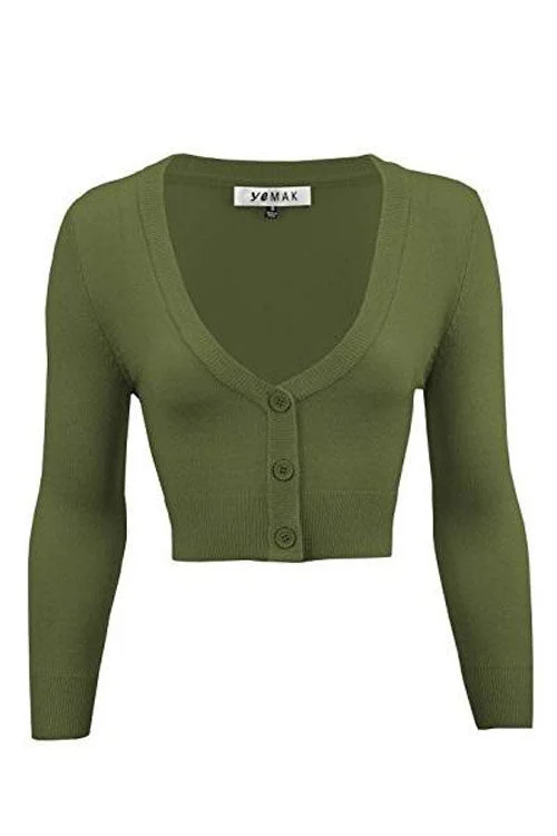 cardigan for casual meetups -MAK Sweaters Cropped Cardigan with 3/4 Sleeves in Sage