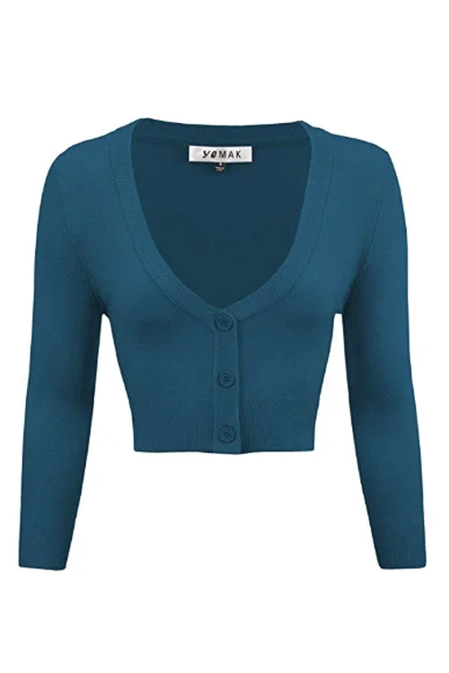 cardigan with band -MAK Sweaters Cropped Cardigan with 3/4 Sleeves in Teal Blue