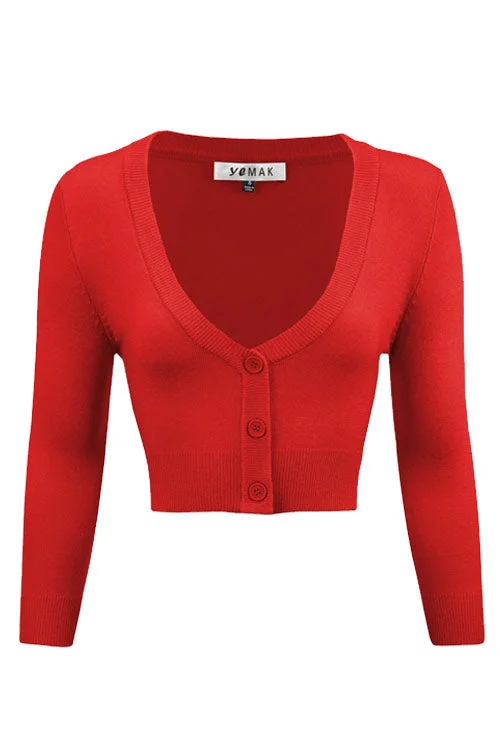 cardigan sapphire blue -MAK Sweaters Cropped Cardigan with 3/4 Sleeves in Tomato Red