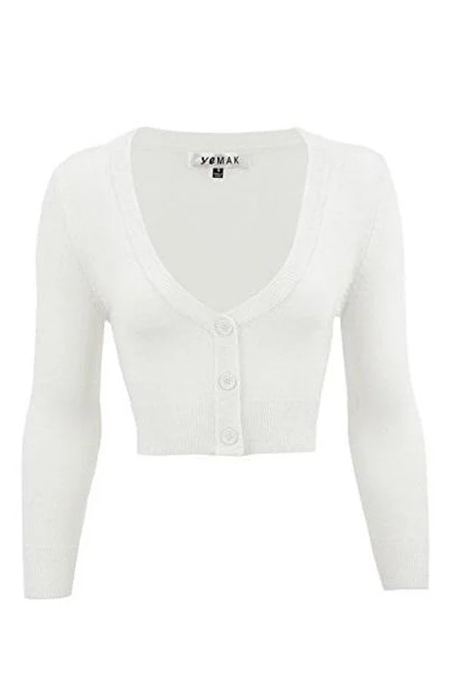 cardigan for chilly mornings -MAK Sweaters Cropped Cardigan with 3/4 Sleeves in White