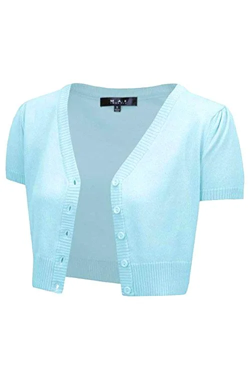 cardigan linen beige -MAK Sweaters Cropped Cardigan with Short Sleeves in Light Blue