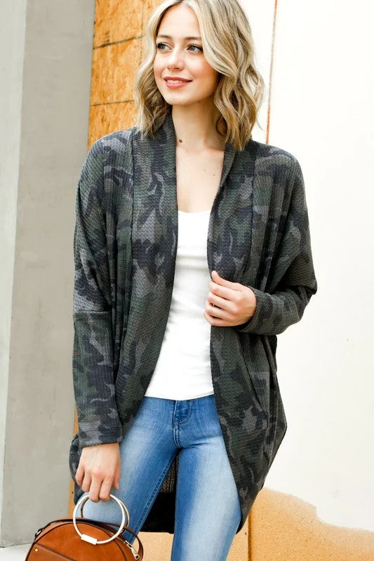 cardigan for gatherings -My Story Camo Waffle Cocoon Cardigan - Olive