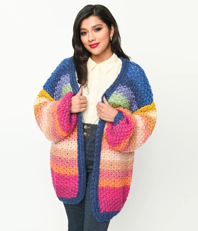 cardigan breathable yarn -Navy & Multicolor Striped Crochet Knit Open Cardigan