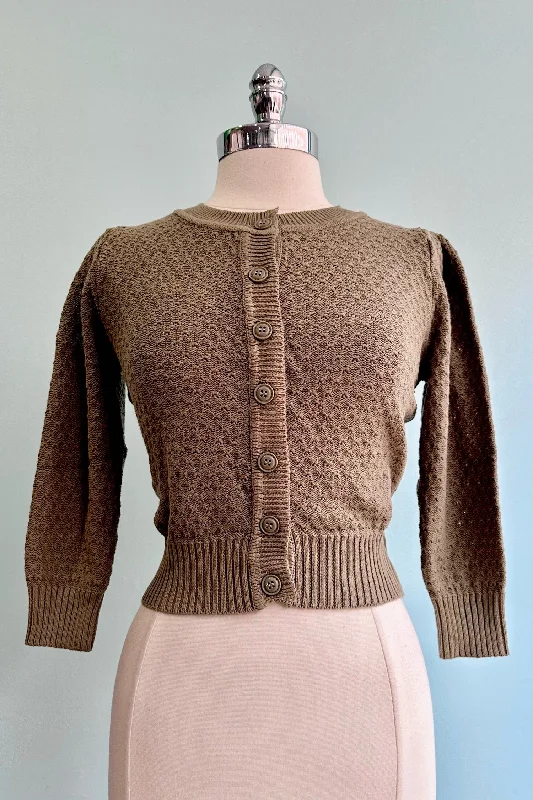 cardigan warm yarn -Olive Puff Sleeve Cropped Cardigan