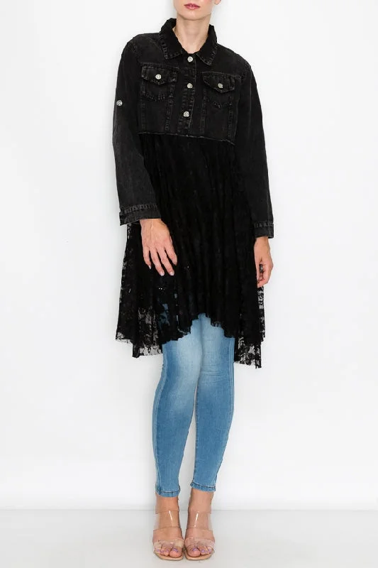 cardigan with tassels -Origami Western Black Jean & Lace Jacket Cardigan - Black