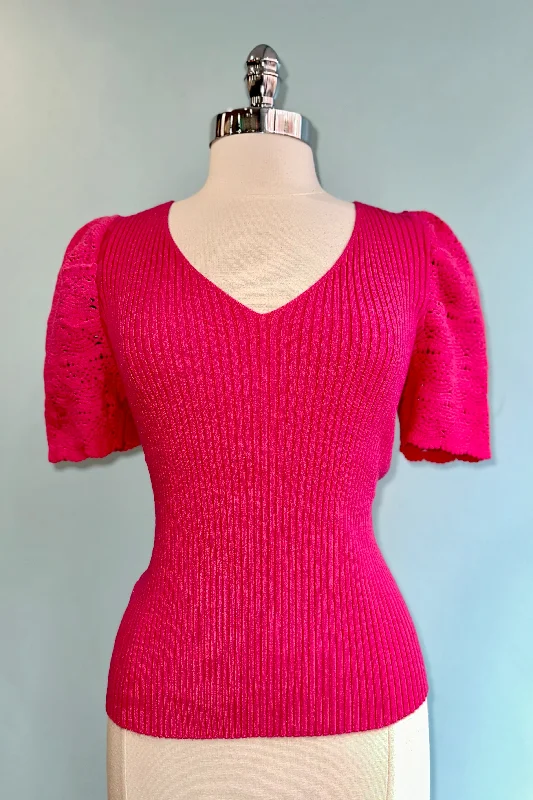 pullover sweater fall -Bright Pink V-Neck Ribbed Sweater