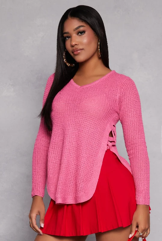 pullover sweater for layering -Waffle Knit V Neck Caged Side Sweater