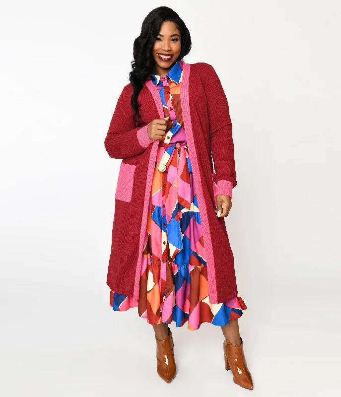 cardigan for cozy evenings -Plus Long Berry & Pink Contrast Open Long Cardigan