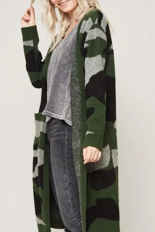 cardigan with detail -Promesa Camouflage Long Cardigan - Green