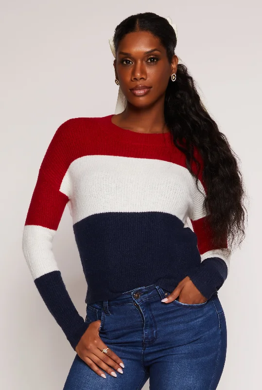 pullover sweater for walks -Color Block Crew Neck Sweater