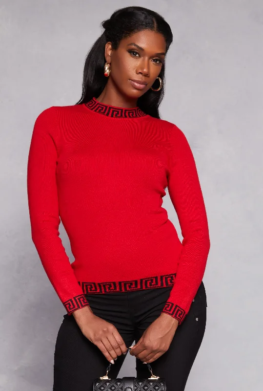 pullover sweater for outings -Greek Key Trim Mock Neck Sweater