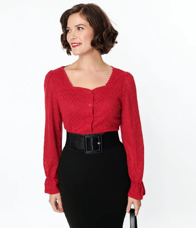 cardigan for casual Fridays -Red Perforated Diamond Knit Cardigan