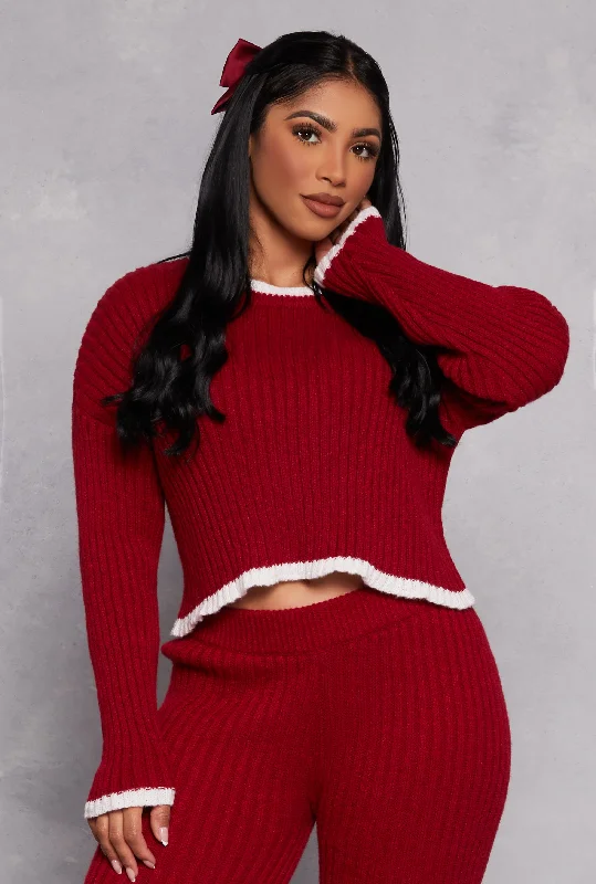 pullover sweater for strolls -Ribbed Contrast Trim Long Sleeve Sweater